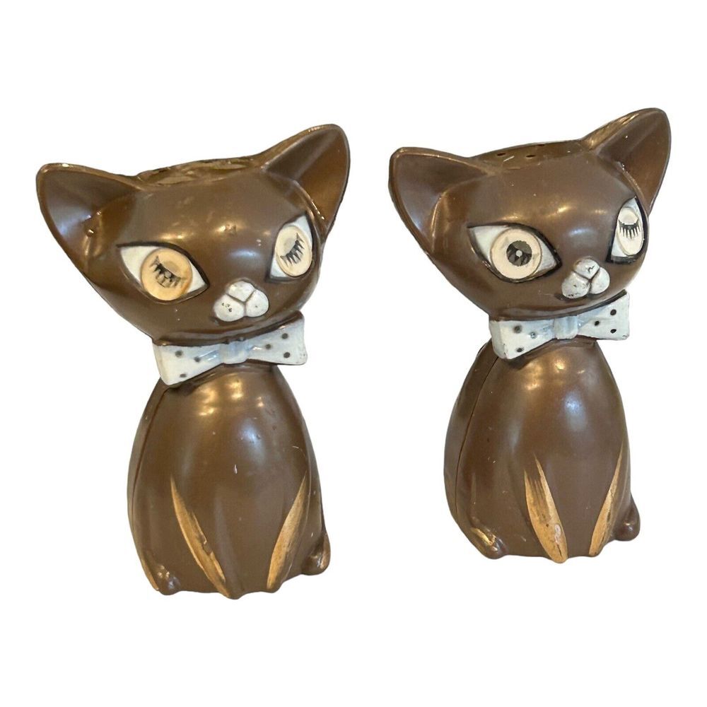 VINTAGE MCM‎ WINKING GOOGLY EYES CATS SALT PEPPER SHAKERS BROWN JAPAN 1960s